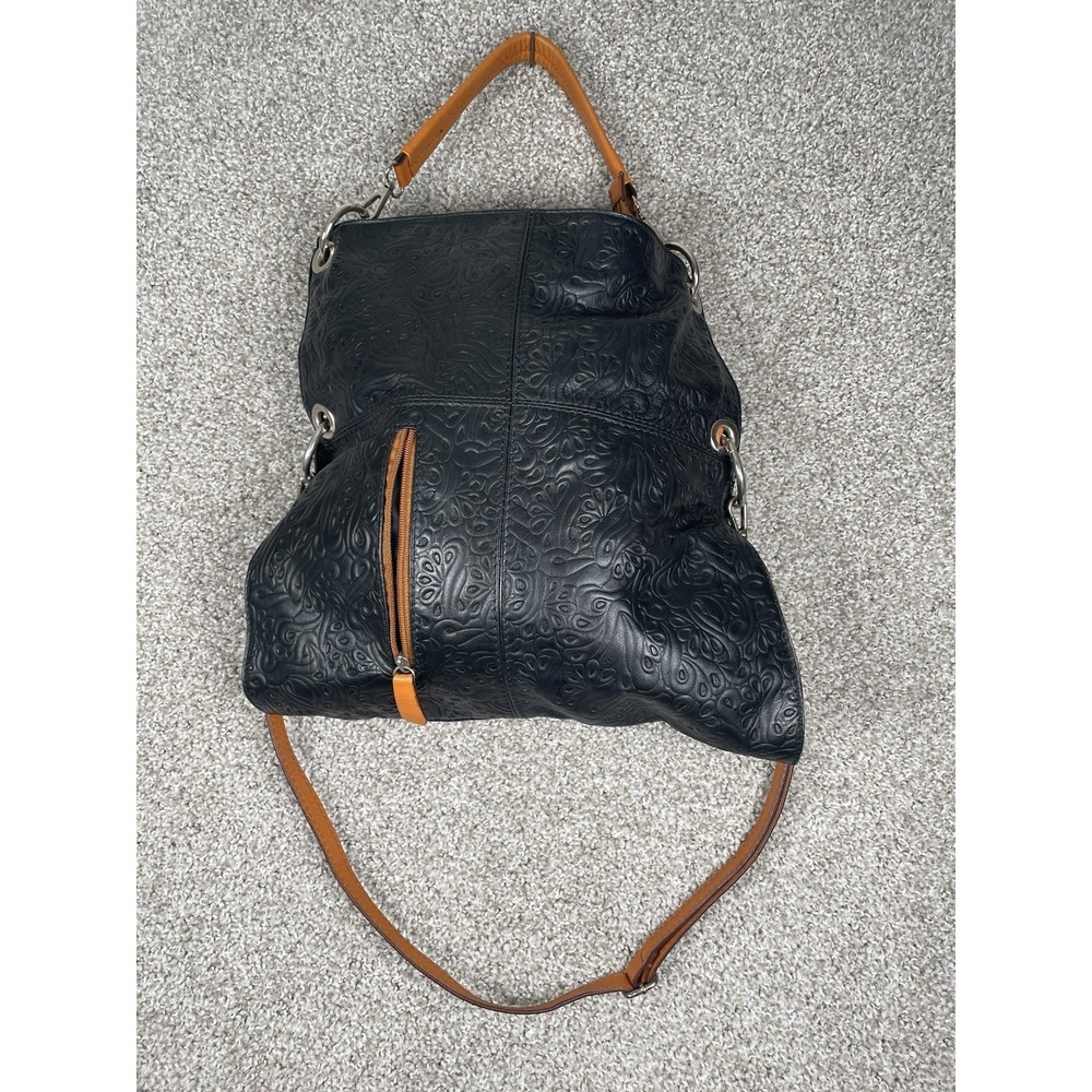 Made In Italy Genuine Leather Black Embossed Floral Hobo Shoulder Bag Purse